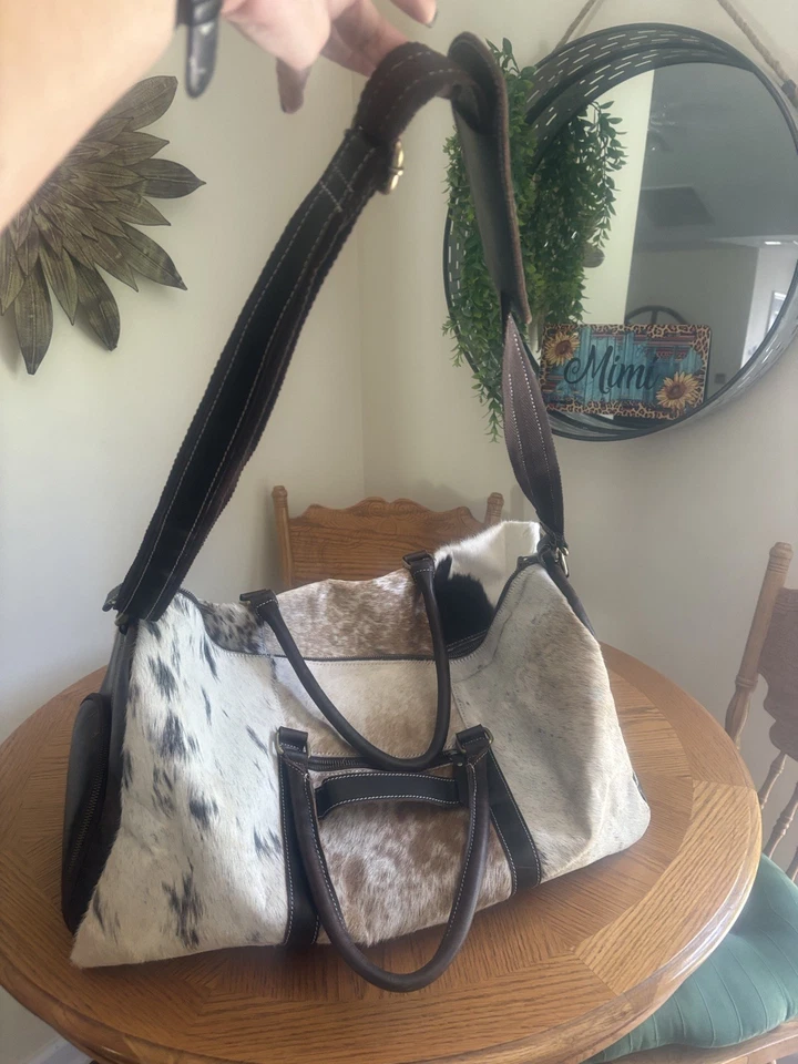 Myra Cowhide Leather Duffle Bag – Brown, Black & White Weekender Tote - Image 4 of 4