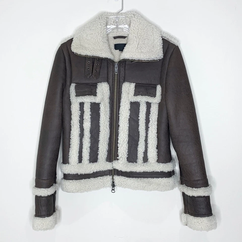 Chaqueta de cuero de oveja Intermix Megan (talla S) aviador bombardero marrón crema Foto 3 de 4
