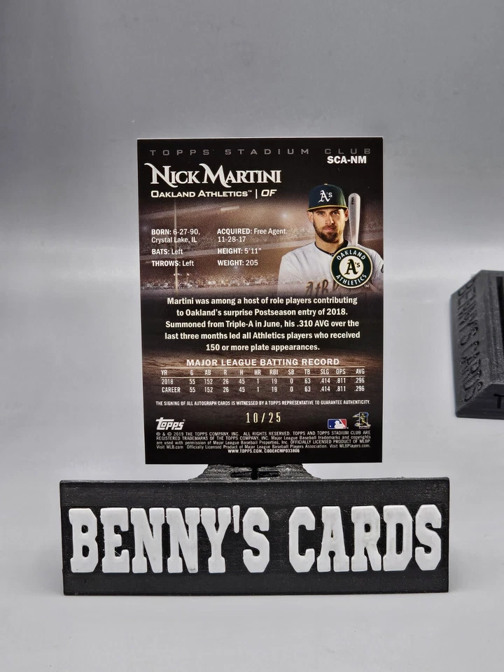 2019 Topps Stadium Club Baseball Black Foil 10/25 Autograph RC Nick Martini - Image 4 of 4