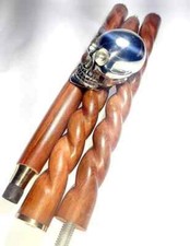 Halloween Style Skull Brass Handle Brown Wooden Walking Cane Men's Stick design