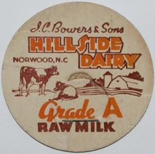 Vintage milk bottle cap HILLSIDE DAIRY farm J C Bowers Norwood North Carolina