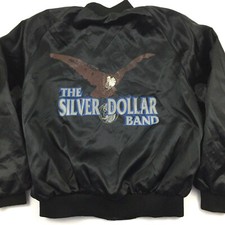 Vtg Silver Dollar Band Satin Snap Jacket Spell Out Eagle Logo USA Windbreaker L