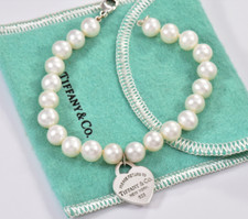 7.5" Please Return Tiffany  Co Silver Heart Charm 8mm Pearl Bead Bracelet Boxed