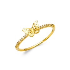 14k Yellow Real Gold CZ Butterfly Prong Petite Women Fancy Fashion Ring Band
