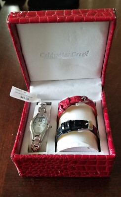 NIB Coldwater Creek Silver Tone Watch MOP Dial 2 xtra Leather Bands Original Box