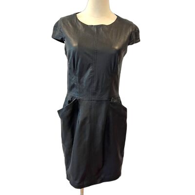 Black Leather Mini Dress Open Back Cap Sleeves Pockets Cocktail Party Date Night