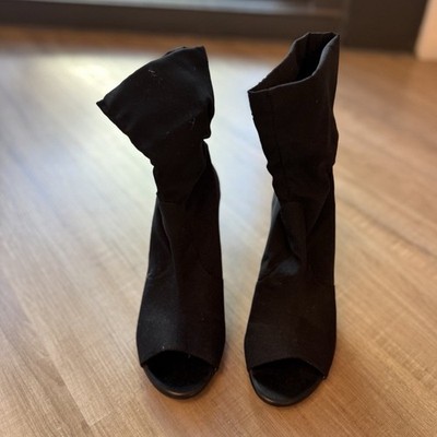 Stuart Weitzman Black Stretch Sock Ankle Boot Open Toe Stiletto Pull On 37