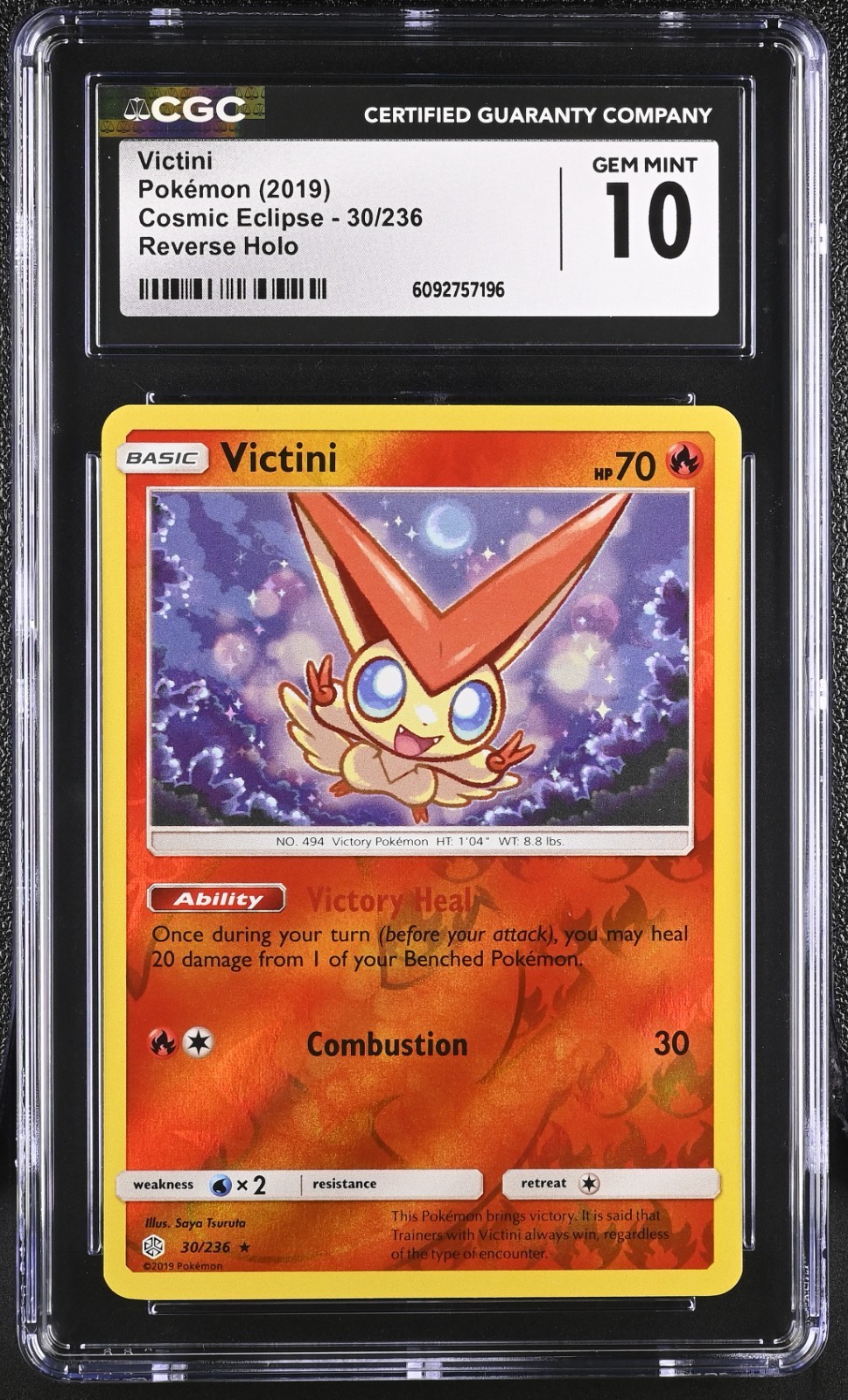 *POP 2* CGC 10 - 2019 POKEMON COSMIC ECLIPSE VICTINI #30 - REVERSE HOLO
