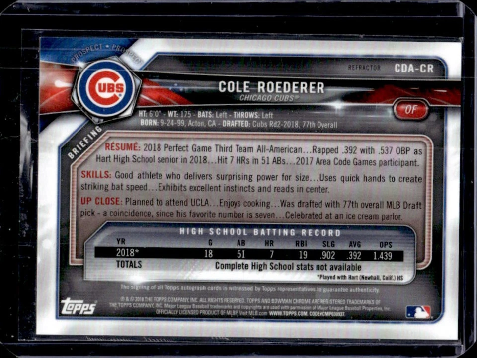 2018 Bowman Draft Cole Roederer Chrome Auto Refractor #367/485 Cubs - Image 2 of 2