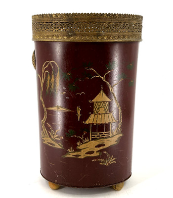 Vintage Pilgrim Art Painted Metal Dec Art USA Hamper or Trash Can 16.5'' Pagoda