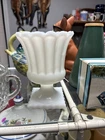 Vintage Milk Glass Compote Vase Planter Paneled Pedestal Scalloped Rim