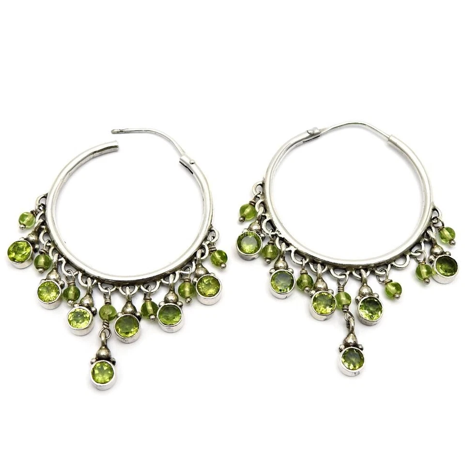 Peridot Stone Hoop Unique Bezel Art Deco Daughter Boho Earrings Sterling Silver - Image 3 of 4