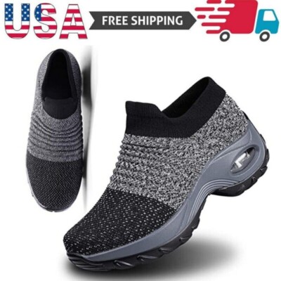 Womens Casual Slip on Sock Sneakers Wedge Platform Breathable