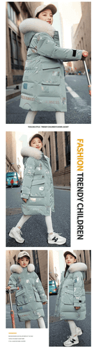 Winter Cotton Padded Coat Medium Long Down Thicken Warm Kids Fur Hooded Clothes - Picture 17 of 23