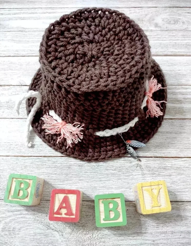 ganchillo hecho a mano bebé sombrero cubo ala de pesca 0-3 meses recién nacido marrón oscuro Foto 2 de 3