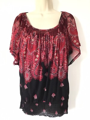 INC 2 PC Short Flutter Sleeve Scoop BOHO Printed Shirred Hem Top & Camisole L