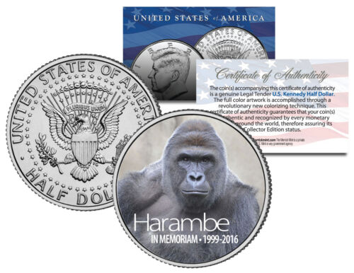 HARAMBE 1999-2016 Cincinnati Zoo Gorilla Colorized 2016 JFK Kennedy Half Dollar - 第 1/2 張圖片