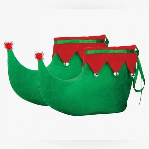 Elf 鞋带铃铛绿色和红色天鹅绒假日脚成人拖鞋 — 第 2/4 张图片