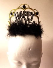 Happy New Year Tiara Feather Accent Black Gold  Silver Ages 14 