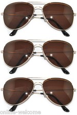 SET OF 3 COLORED BROWN LENS AVIATOR STYLE METAL SUNGLASSES GOLD FRAME WOMEN MEN