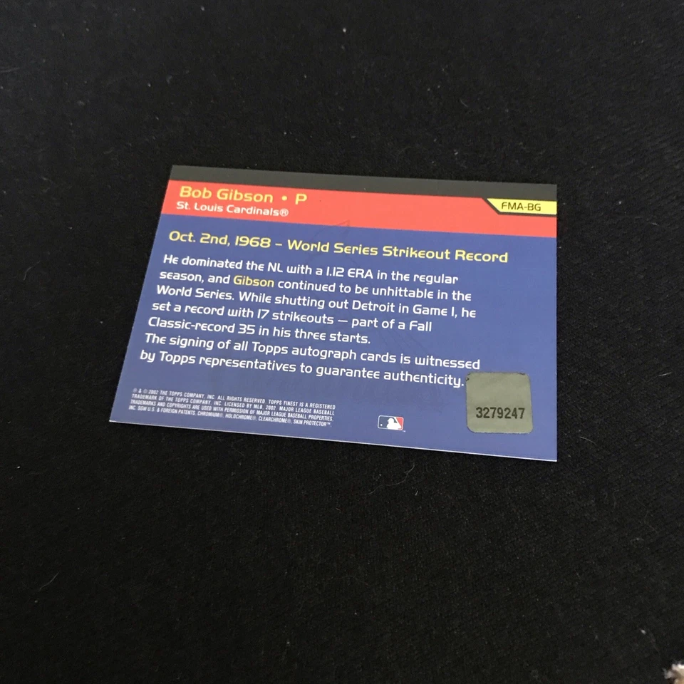 2002 Topps Finest Bob Gibson Finest Moments Auto Autograph #FMA-BG Cardinals - Image 2 of 2