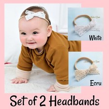 Set of 2 Lace Trim Bow Nylon Headbands, Baby Headband, Baby Gift, Hair Bows