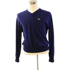 70s Vintage Izod Lacoste V-Neck Sweater Men XL Navy Blue Preppy USA Made
