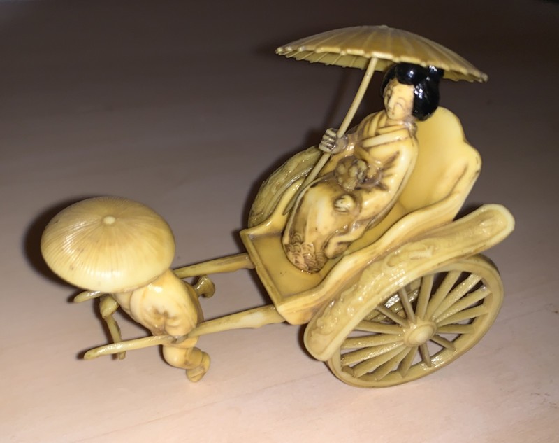 Vintage Asian Celluloid Man Pulling Geisha W/Umbrella Rickshaw Cart Japan