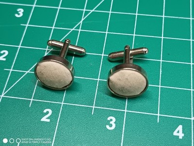 Vintage Silver Tone Round White Fabric Button Style Mens Toggle Back Cufflinks