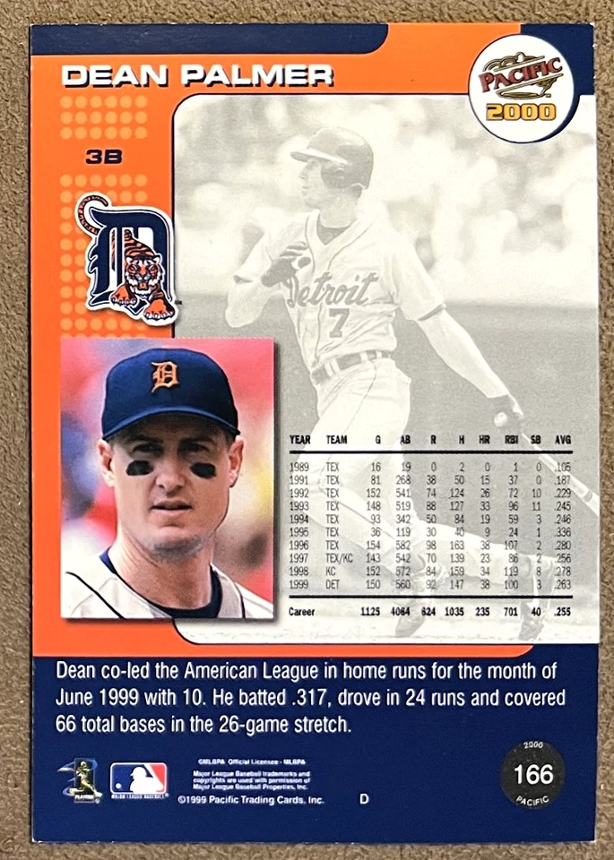 Tarjeta Pacific Gold 2000/199 Dean Palmer #166 Detroit Tigers numerada paralela SP Foto 2 de 3