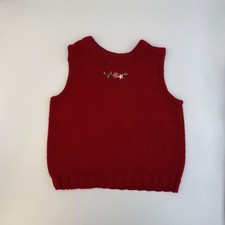 Vtg BT Kids Red Knit Acrylic Sweater 3T   Floral Embroidered Pullover Sleeveless