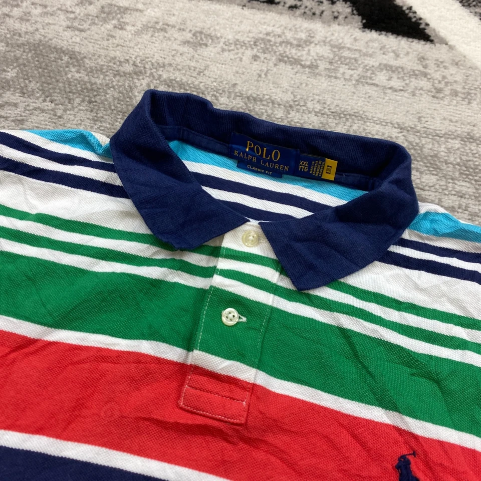 Vintage Ralph Lauren Polo Shirt 2XL XXL Blue Red Green Rugby Colorblock Men 90s - Image 3 of 4