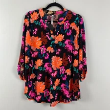 Dear Scarlett Lizzie Floral Blouse Size Small Popover 3/4 Sleeves Black Multi