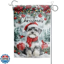 Winter Garden Flag 12x18 Inch, Xmas Schnauzer Dog Poinsettia Snow
