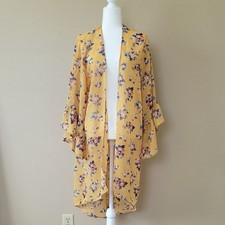 Live 4 Truth Womens Plus Size 1X Yellow Floral Duster Open Front Kimono Cardigan