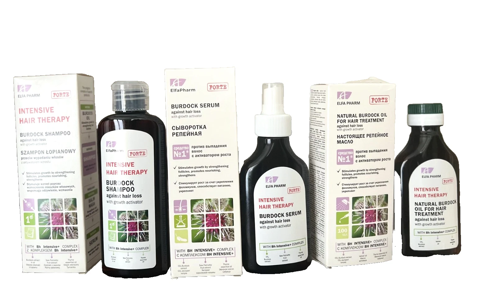 Burdock oil, burdock shampoo, burdock serum for hair - against hair loss, Elf.