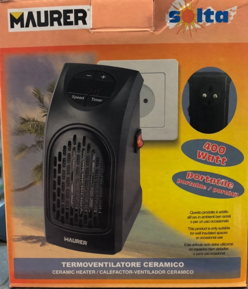 MAUER TERMOVENTILATORE STUFA ARIA CALDA 400 W TIMER A PARETE COLORE NERO 51214 - Immagine 4 di 4