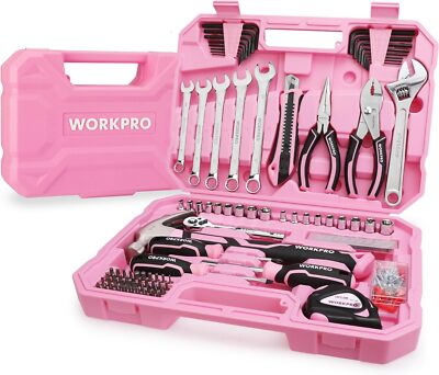 #ad WORKPRO Pink Tool Set 84 PCS Tool Kit for Women Basic Household Pink Tool Box US $58.99