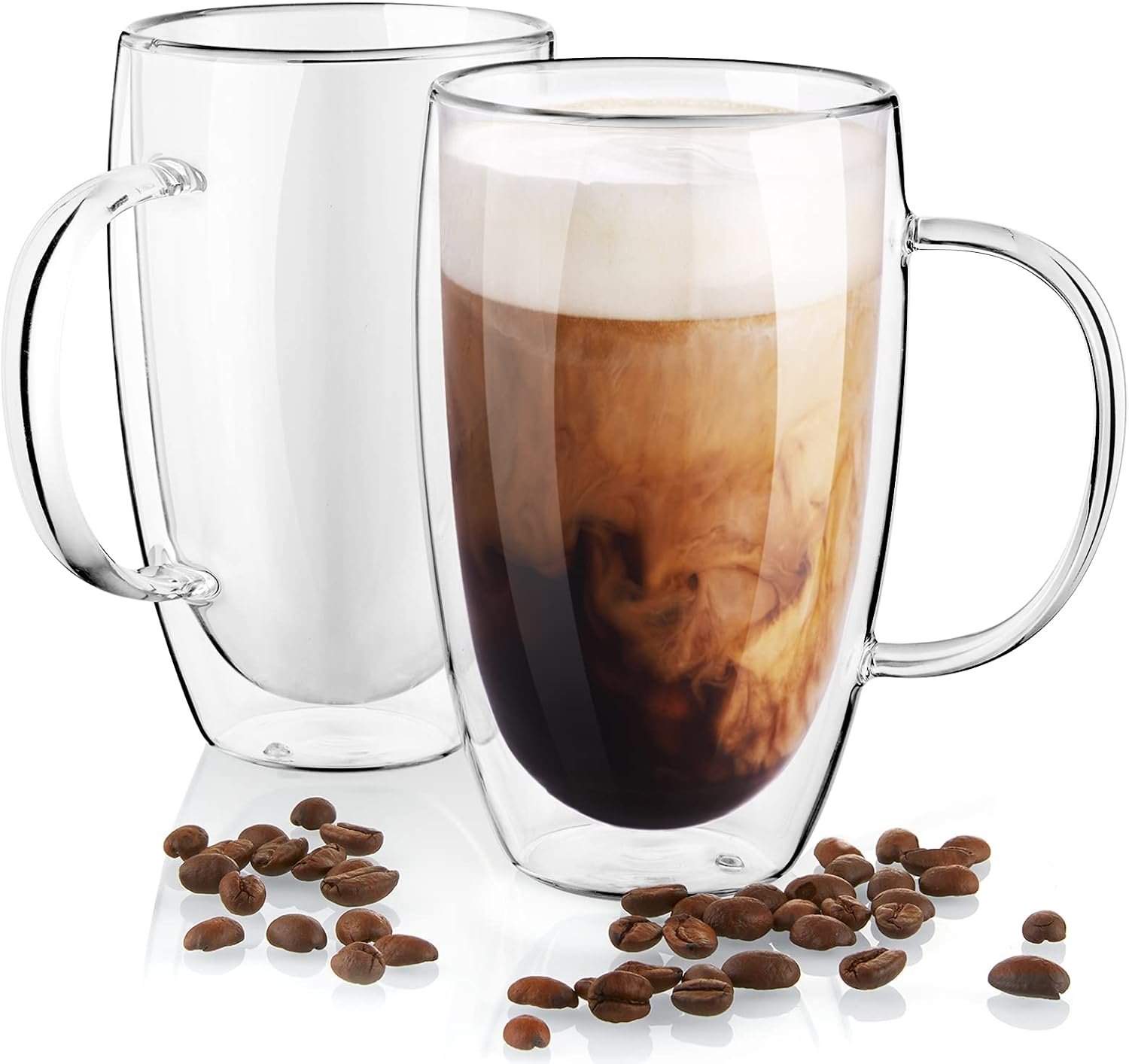 Double Wall Glass Coffee Mugs Set of 2, 16 Oz Insulated Coffee Mug with Handle,