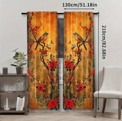 2 Stück Baum und Vogel Vorhang Vorhänge Gardinen Schals 130 x 210cm