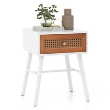 MidCentury Modern Nightstand End Side Bedside Table Accent Table Rattan w/Drawer