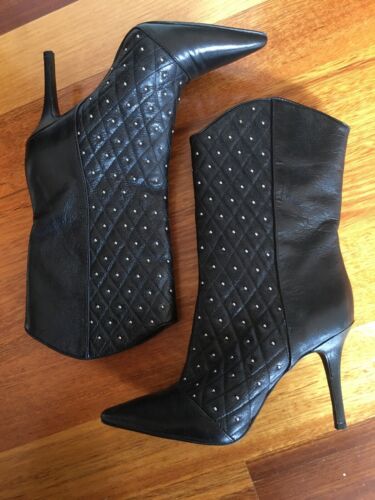 Nine West Vintage Designer Jolanda Studs Leather Black Mid Calf Heel Boots 7.5 - Picture 11 of 15