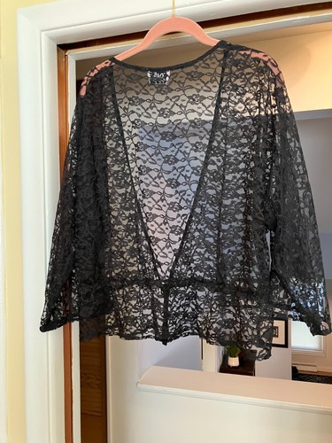 Vintage KIKS Sheer Black Floral Lace 3/4 Sleeve Bed Jacket XL Romantic Goth - Picture 6 of 15