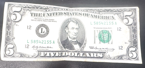 1969 $5 Five Dollar Federal Reserve Note San Francisco "L" - 第 1/2 張圖片