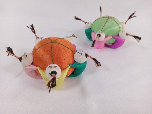 Vintage Chinese Pin Cushion Five Happy Monks Holding Orange Cushion Set of two