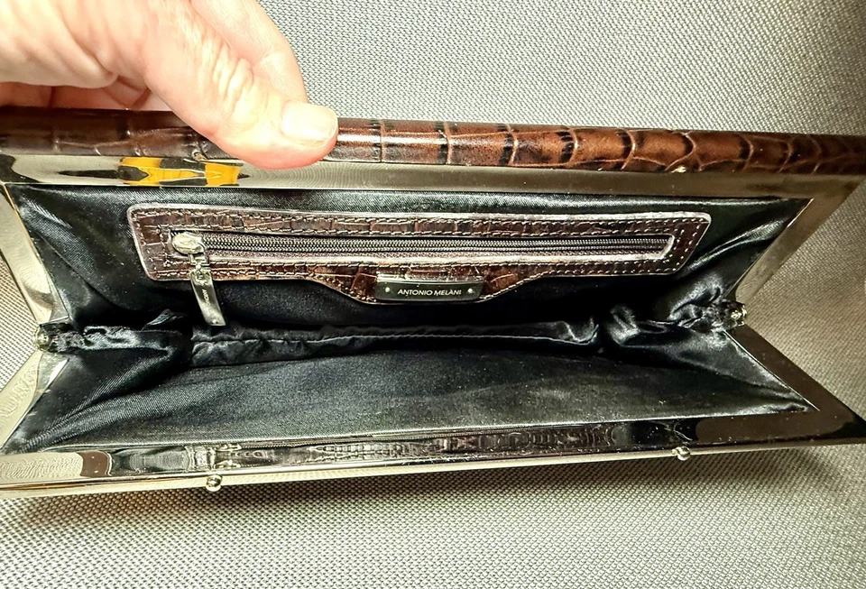 ANTONIO MELANI Crocodile Flip Frame Snap Clutch Bag Brown Foto 4 de 4