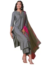 GoSriKi Women's Rayon Viscose Solid Straight Kurta with Pant & Dupatta