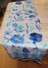 Oblong floral scarf; blue tones, white; 60x14.5 in. Semisheer; poly blend?