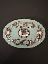 Silver Tone Western Style Belt Buckle Aqua Blue Enamel With Center Rhinestone