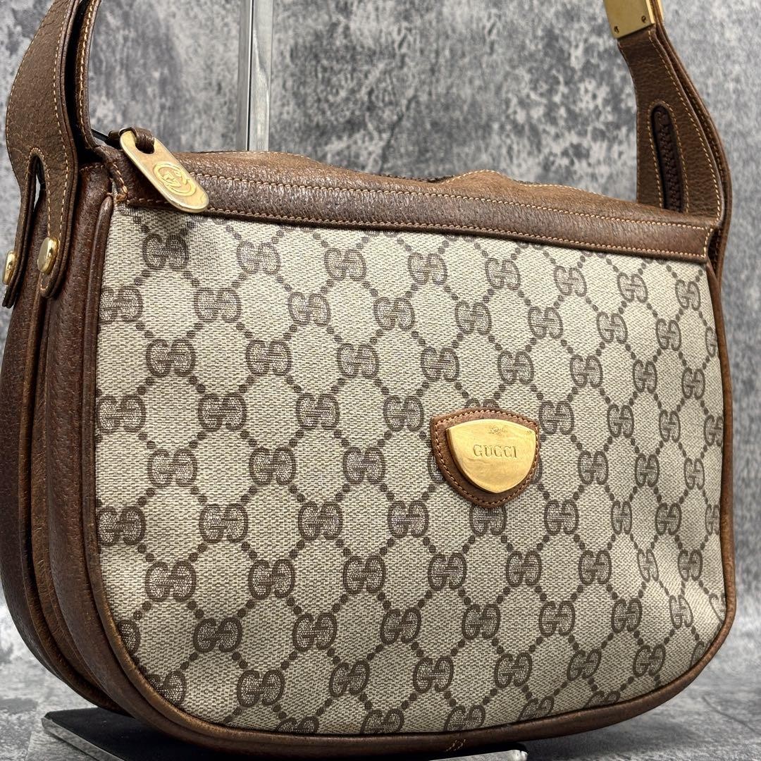GUCCI GG Leather Shoulder Bag in Brown with Gold Logo Hardware